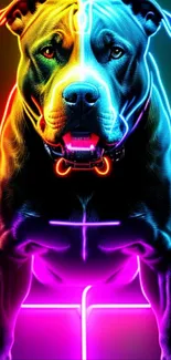 Neon artwork of a dog with vibrant colors on a dark background.