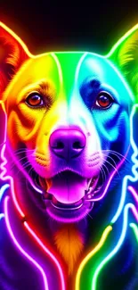 Neon dog art in vibrant rainbow colors on a dark background wallpaper.