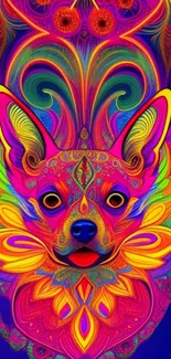 Vibrant neon pink psychedelic dog design wallpaper.