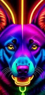 Vibrant neon dog artwork with bold, colorful design.