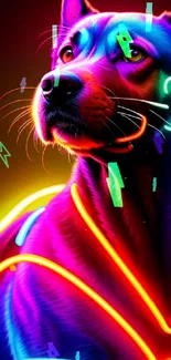 A colorful neon dog portrait with vibrant lighting against a dark background.