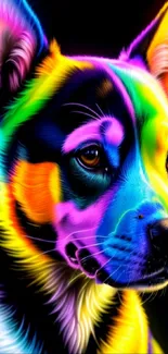 Vibrant neon portrait of a dog with colorful hues and artistic flair.