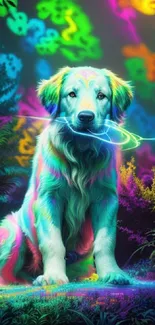 Neon-colored dog in a vibrant, abstract-themed wallpaper.