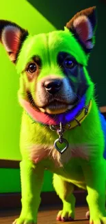 A vibrant neon green puppy against a lively background.