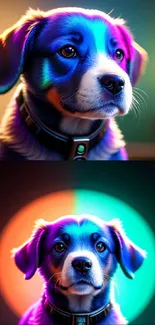 Vibrant neon wallpaper with a colorful dog and artistic background.