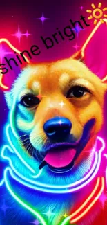 Neon dog art with vibrant colors and 'shine bright' text.