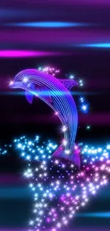 Neon dolphin gracefully swimming in a glowing ocean with sparkling stars.