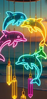 Vibrant neon dolphins against a sunset coastline.