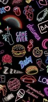 Colorful neon doodle wallpaper with trendy symbols on a dark background.