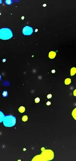 Neon blue and yellow dots on a black background for mobile wallpaper.