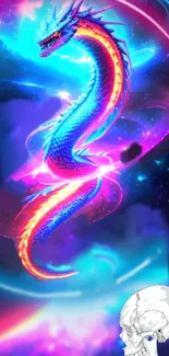 Colorful neon dragon hovering over cosmic background with vibrant hues.