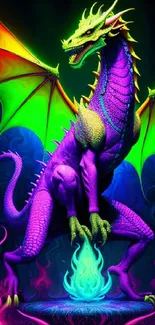 Neon dragon wallpaper with purple scales and multicolor wings.