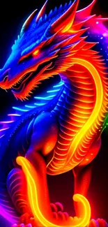 Vibrant neon dragon with glowing rainbow colors on a dark background.