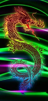 Vibrant neon dragon art on a green and black wallpaper.