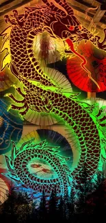 Vibrant neon dragon artwork with colorful umbrellas on a phone wallpaper.