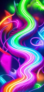 Vibrant neon dragon wallpaper with colorful swirls and mystical energy.