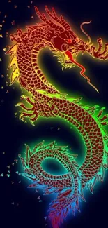 Vibrant neon dragon on dark blue background.