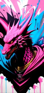 Neon dragon street art with vibrant magenta hues and bold blue accents.