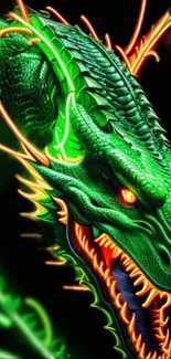 Vibrant neon green dragon with fiery accents in a fantasy artwork.