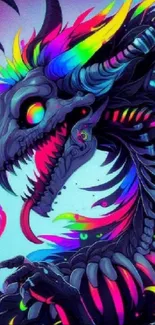 Vibrant neon-colored dragon illustration with a fantasy theme.