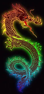 Neon dragon with rainbow colors on a black background.