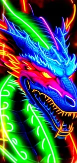 Vibrant neon dragon art wallpaper with colorful glowing design on black background.