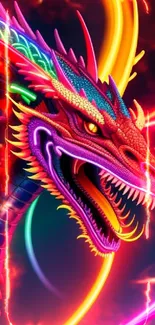 Vibrant neon dragon with glowing colors, fiery and intricate art design.