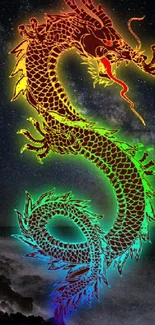 Vibrant neon dragon art with cosmic background