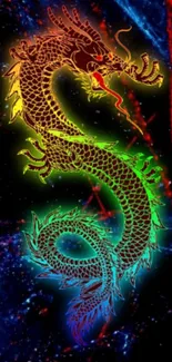 Vibrant neon dragon with rainbow colors on a dark cosmic background.