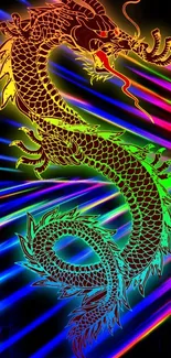 Vibrant neon dragon with colorful laser beams.