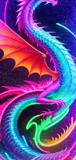 Vibrant neon dragon illustration with colorful scales and wings.