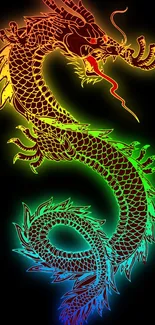 Neon dragon on a black background with vibrant colors.