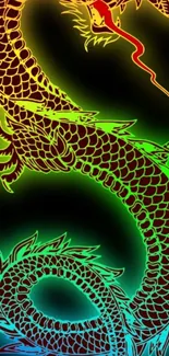 Vibrant neon dragon in colorful shades on a dark background.