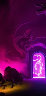 Neon dragon and portal in vibrant, mystical fantasy design.