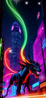 Neon dragon flowing in a vibrant city street at night, captivating urban art.