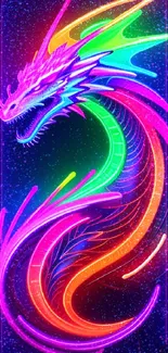 Vibrant neon dragon design on a dark background, perfect for mobile wallpaper.