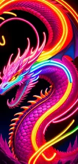 A vibrant neon dragon with sharp features and bright colors against a dark background.