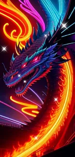 Vibrant neon dragon with glowing colors and intricate design.