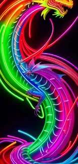 Vibrant neon dragon with colorful swirls on a dark background.