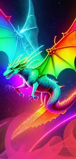 Vibrant neon dragon with colorful wings on a starry backdrop.