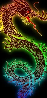 Vibrant neon dragon with rainbow colors on black background.