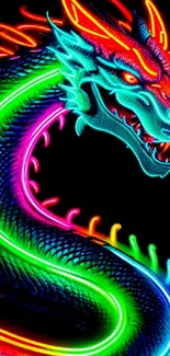 Vibrant neon dragon wallpaper with colorful scales and glowing design.