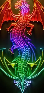 Colorful neon dragon with rainbow hues on dark background.