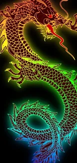 Vibrant neon dragon on black background.