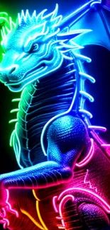 Vibrant neon dragon artwork with colorful lights for mobile wallpaper.