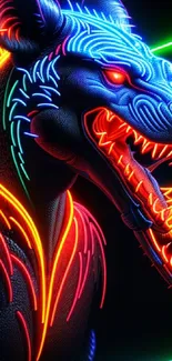 Vibrant neon dragon with glowing LED lights displays a fiery and modern art style.