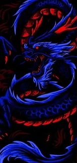 Vibrant neon blue and red dragon art against a dark background.