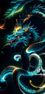 Vibrant neon dragon with cyan hues and dynamic energy on dark background.