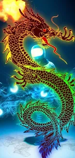 Vibrant neon dragon with a mystical glow, perfect for mobile wallpaper.