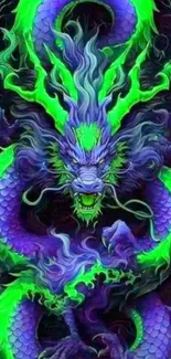 Vibrant neon dragon illustration with a serpentine design in purple and green.